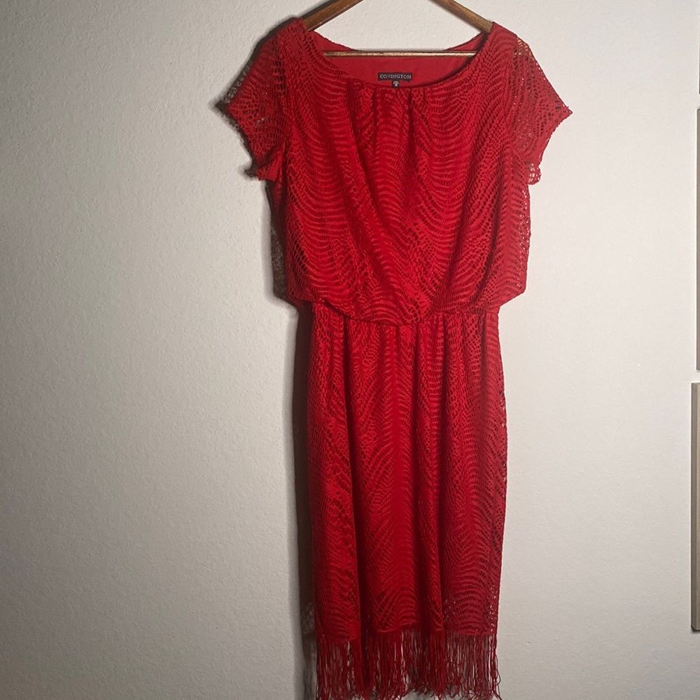 Women’s Covington Red crochet short sleeve Fringe midi dress size 12 casual